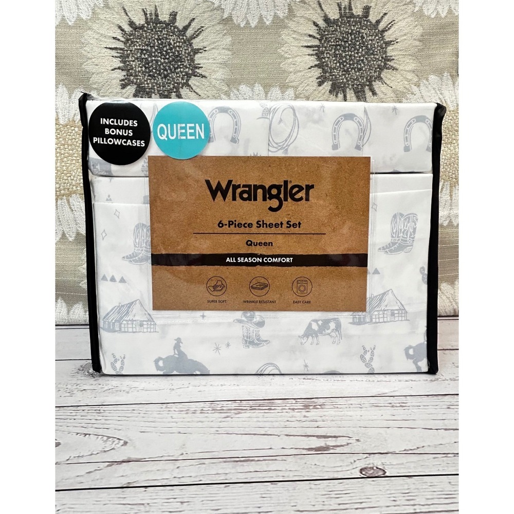 Wrangler Queen 6-Piece Sheet Set On The Ranch Blue Western Cowboy Boots